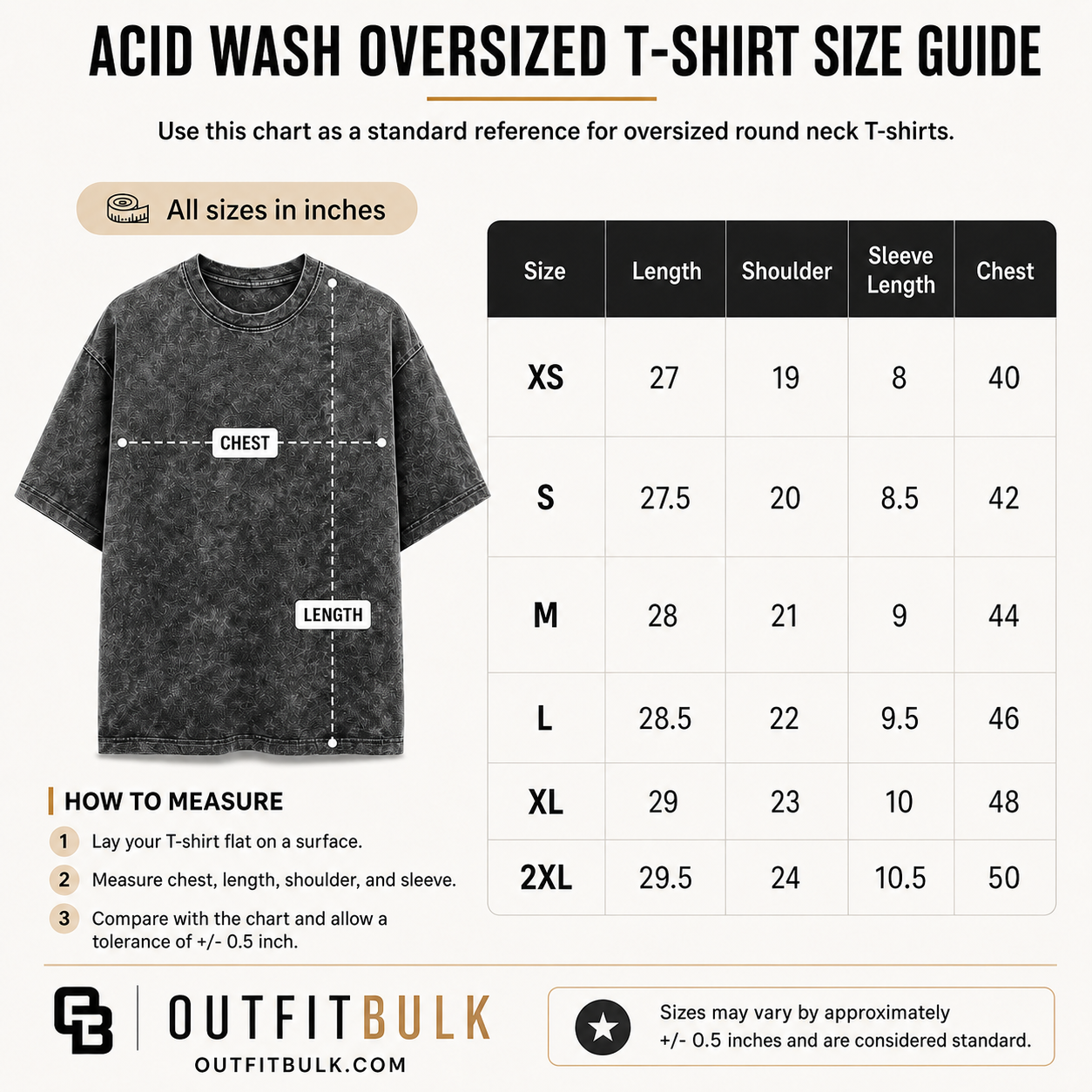 OutfitBulk wholesale TAcid_Wash_Oversize_Size_Chart for Indian apparel buyers