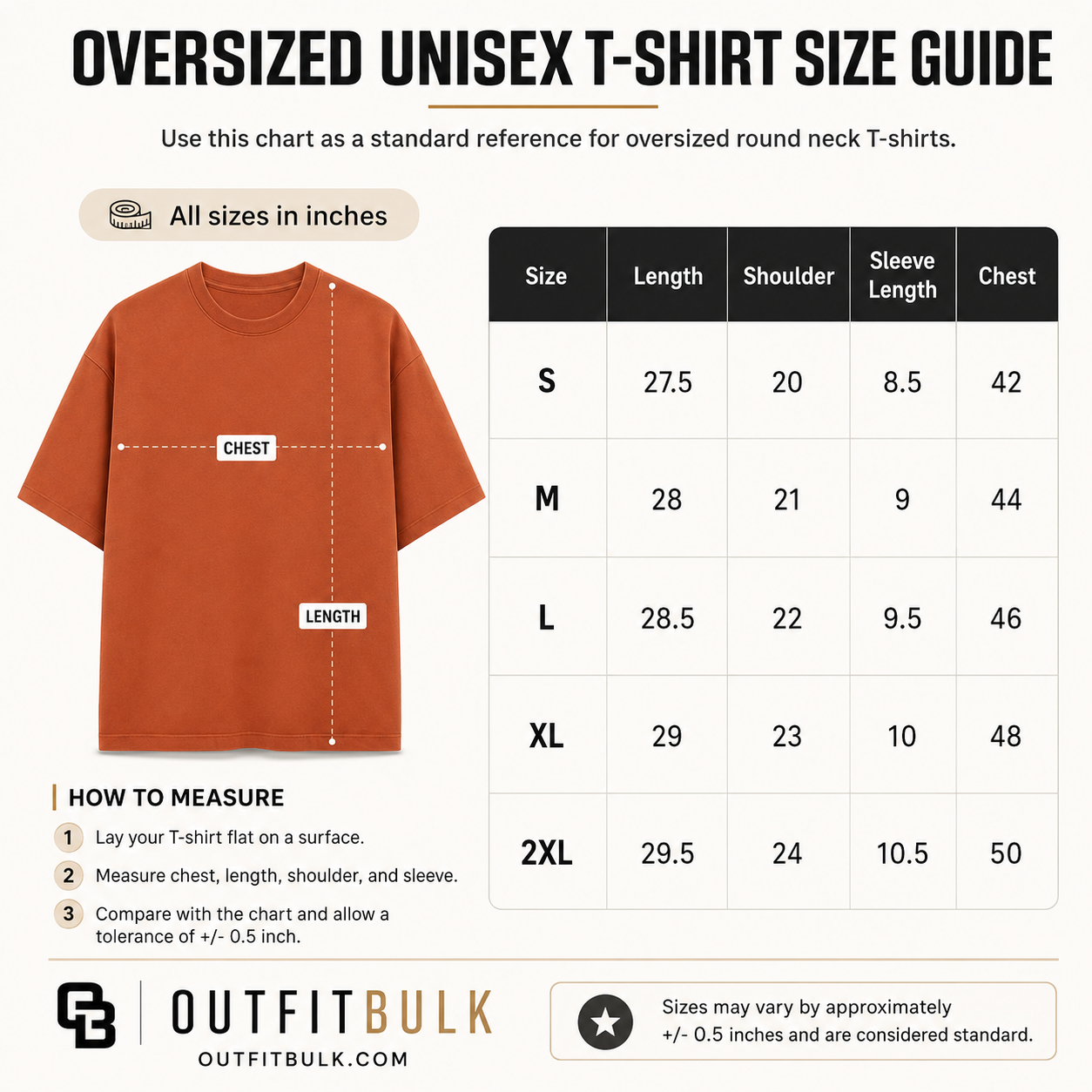 OutfitBulk wholesale Oversize_Size_Chart T-shirt size chart for Indian apparel buyers
