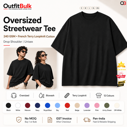 240 GSM terry loopknit oversized T-shirt wholesale blank front view