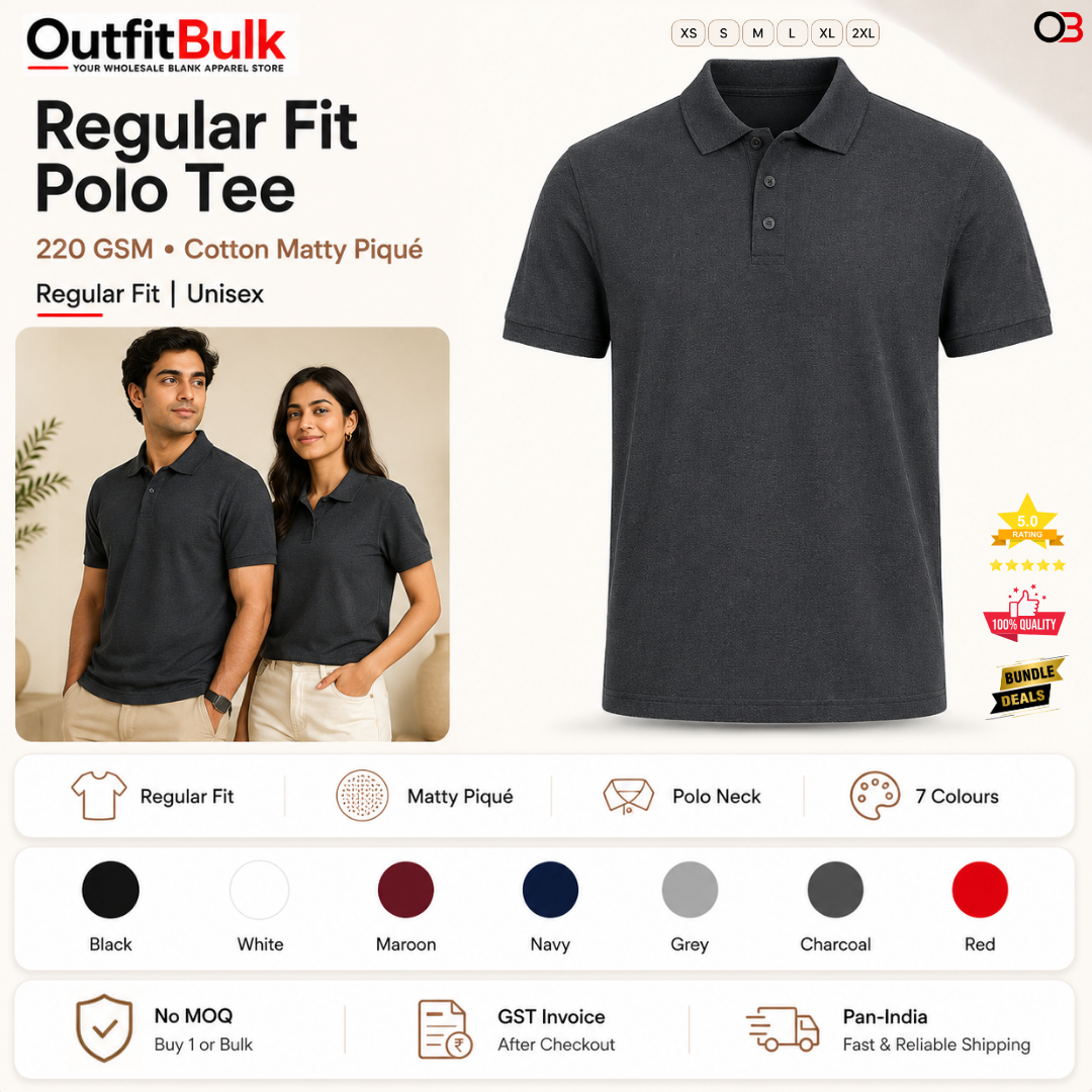220 GSM matty pique polo T-shirt wholesale blank unisex front view